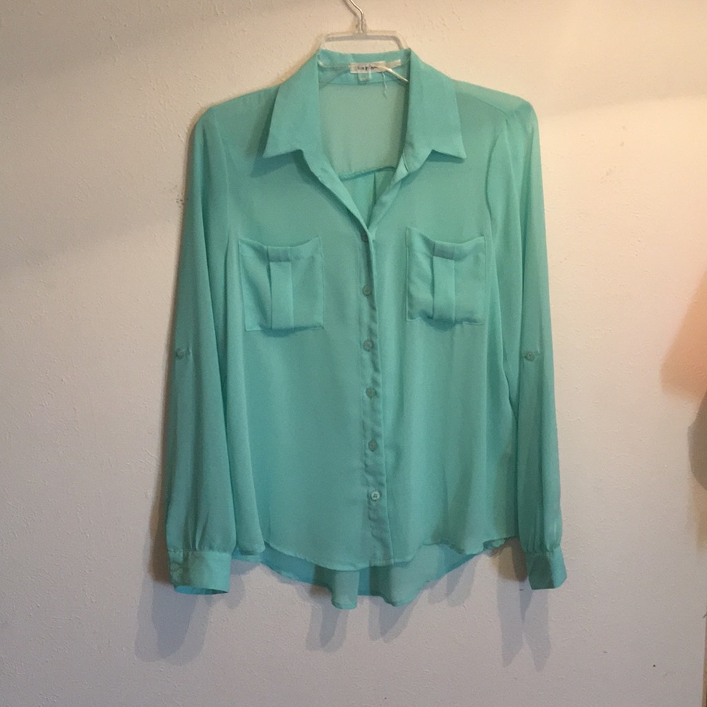 Sheer teal button down blouse